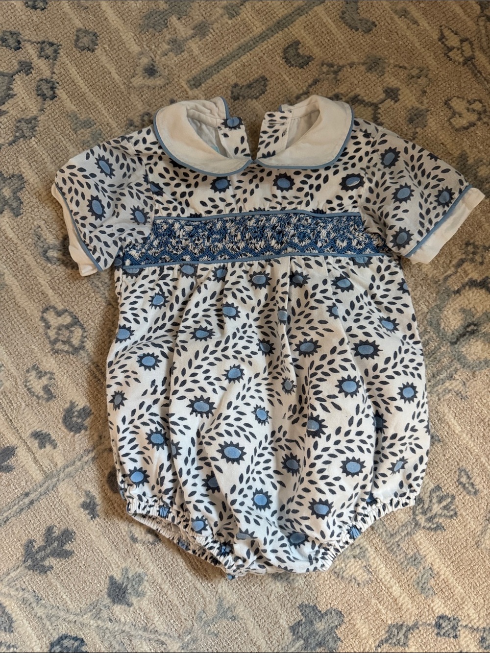 Julia Amory X Smockingbird Smocked Bubble, Blue Dahlia Size 12 months